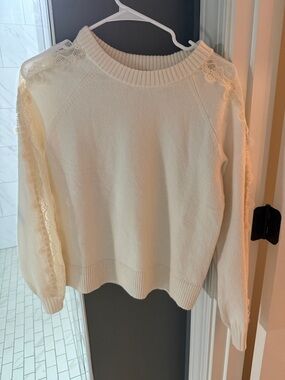 LOFT Cream Lace-Detail Crewneck Sweater